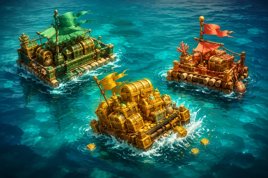 Schatzflöße mit goldenen Kisten auf türkisblauem Wasser – eines kippt unter seiner Ladung